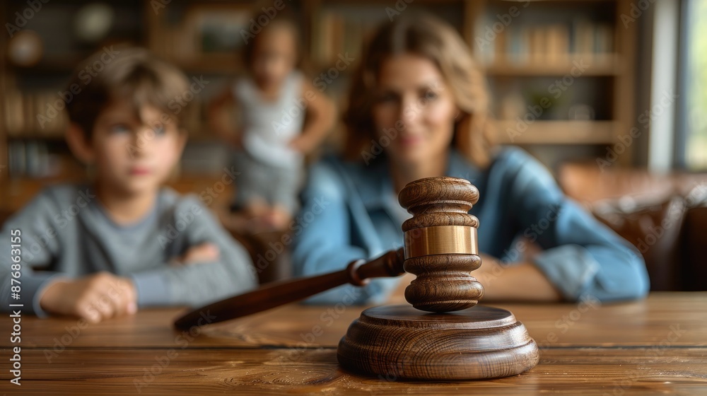 Cute child and mother at table with gavel of judge blurred in background, family law concept Cute child and mother at table with gavel of judge blurred in background, family law concept
