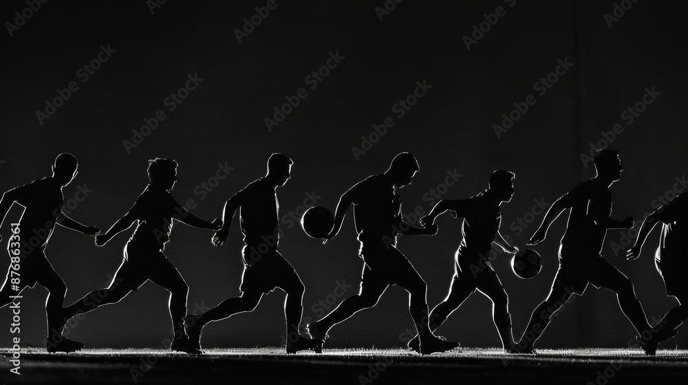 Obraz premium Black silhouettes of football players playing soccer on a black background.