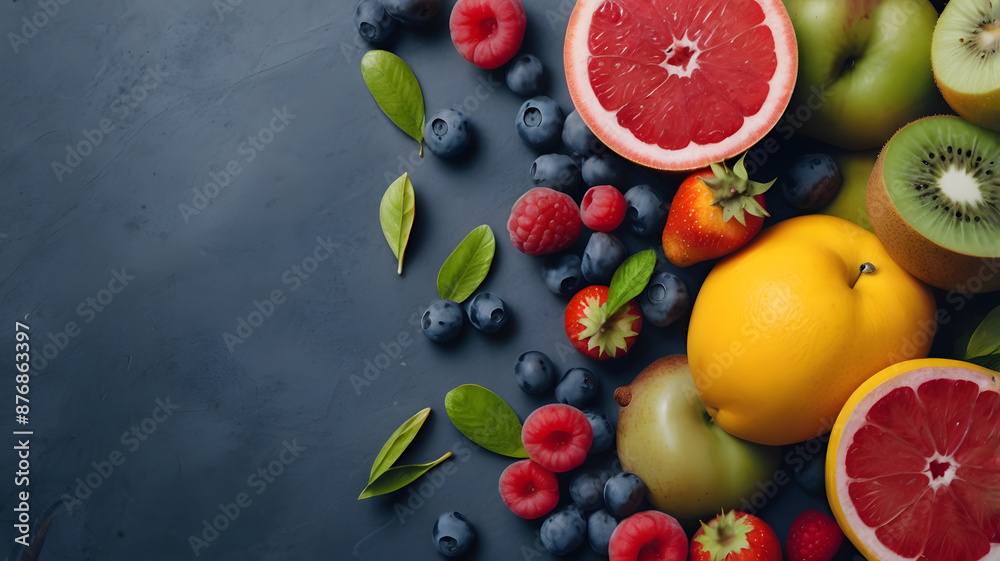 Mixed fresh fruits with leaves, healthy eating, natural nutrition, vibrant food, background Mixed fresh fruits with leaves, healthy eating, natural nutrition, vibrant food, background