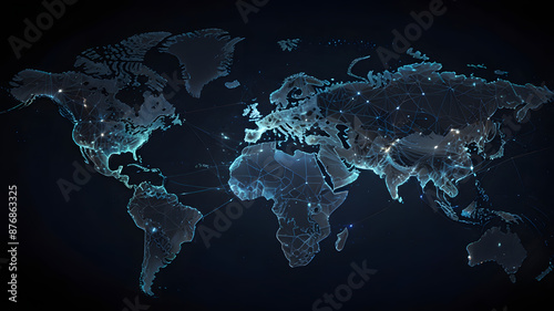 World map with illuminated nodes, communication networks, technology growth