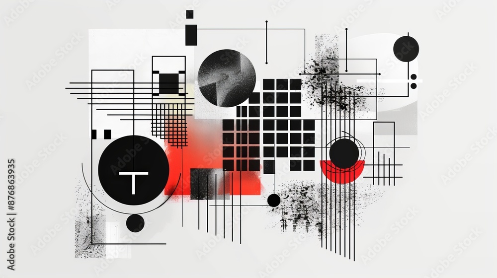 Obraz premium Brutalist abstract geometric shapes and grids. Brutal contemporary figure star oval spiral flower and other primitive elements. Swiss design aesthetic. Bauhaus memphis design.