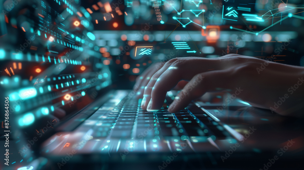 Hands typing on a laptop with digital data overlay in a high-tech environment Hands typing on a laptop with digital data overlay in a high-tech environment