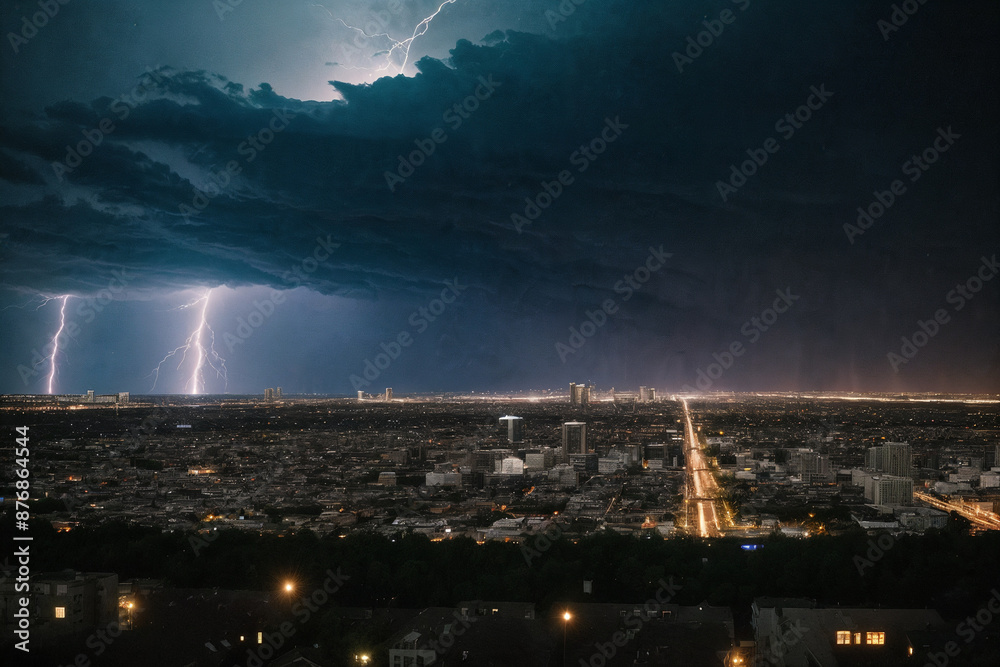 The beautiful thunderstorm on the background of the city. evening night time The beautiful thunderstorm on the background of the city. evening night time