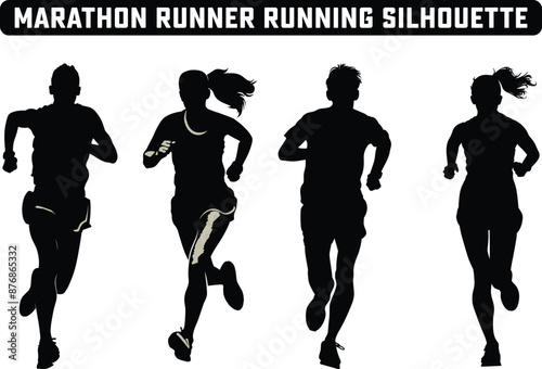 Marathon Runner Running Silhouette, Marathon run. Group of running people, men and women. Isolated vector silhouettes. People running silhouette, running contest. Running exercise healthy lifestyle.