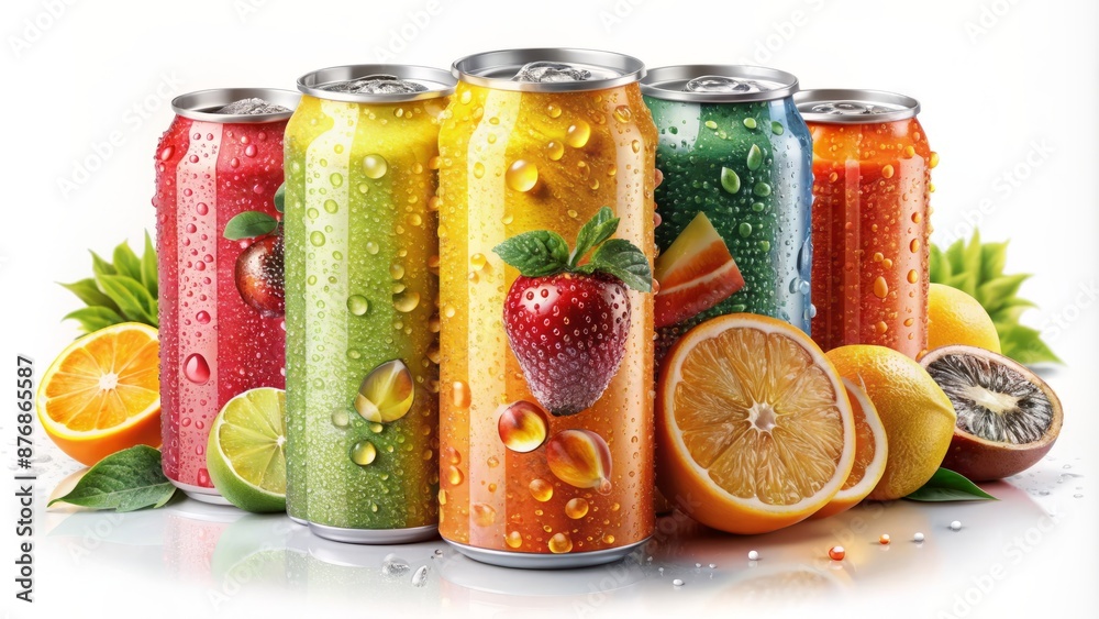 Refreshing And Delicious Carbonated Fruit Drinks In Aluminum Cans With Condensation On Their Surface.