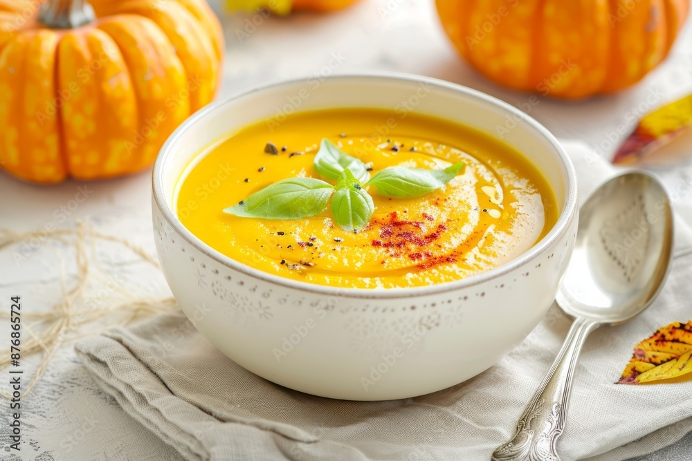 Homemade pumpkin cream soup served in white ceramic bowl on white table with spoon decorated with whole pumpkin, angle view, selective focus. Autumn cozy comfort food . Homemade pumpkin cream soup served in white ceramic bowl on white table with spoon decorated with whole pumpkin, angle view, selective focus. Autumn cozy comfort food .