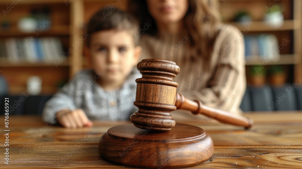 Cute child and mother at table with gavel of judge blurred in background, family law concept Cute child and mother at table with gavel of judge blurred in background, family law concept