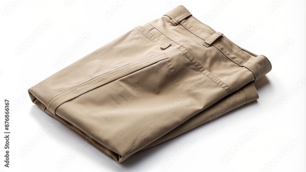 A Pair Of Folded Khaki Pants On A White Background. A Pair Of Folded Khaki Pants On A White Background.