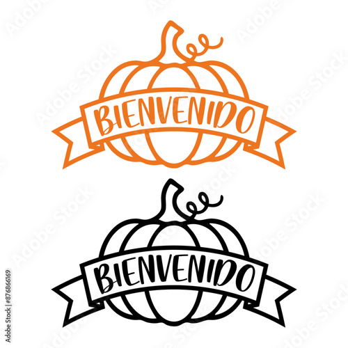 Logo con texto manuscrito Bienvenido en español en caligrafía en bandera de cinta sobre calabaza con líneas para felicitaciones y tarjetas