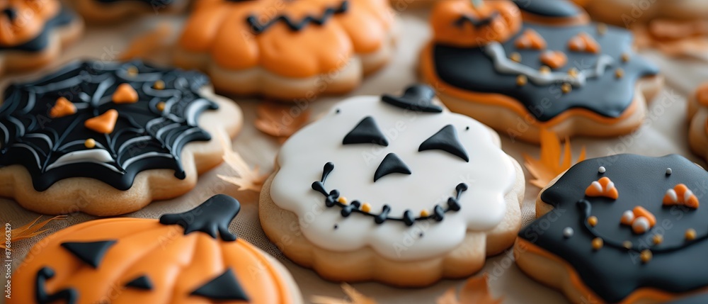 Halloween Sugar Cookies with Pumpkin, Ghost, and Spider Web Designs in Icing