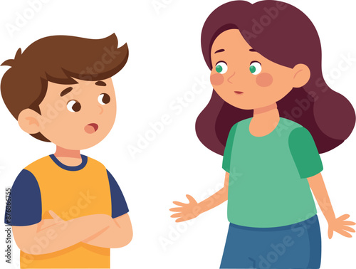 A boy and a girl standing and talking to each other, with concerned expressions, discussing something serious.