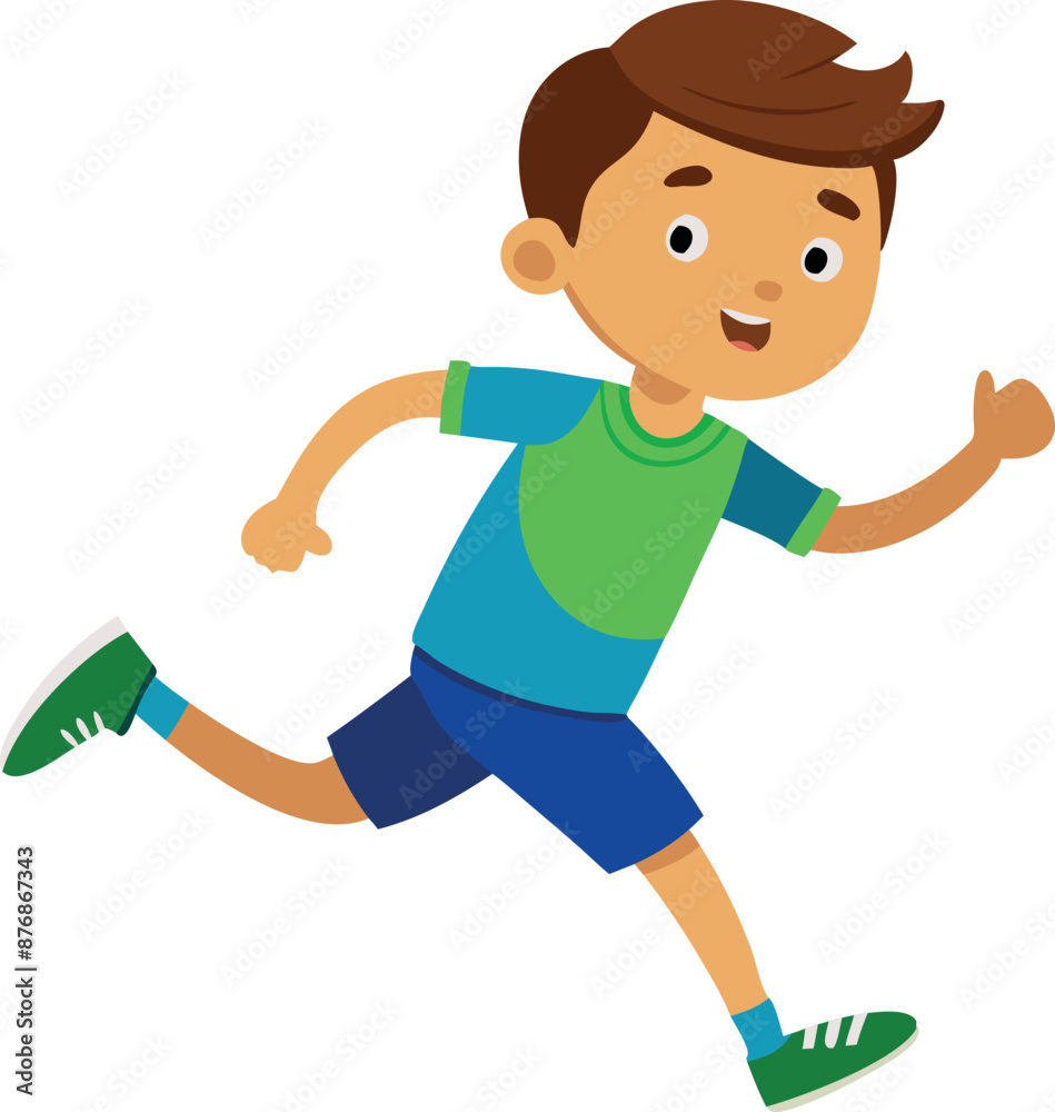 Boy running energetically with a determined expression on a white background.