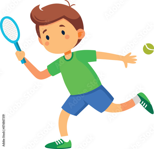 Young boy playing tennis, hitting the ball with a racket on a white background.