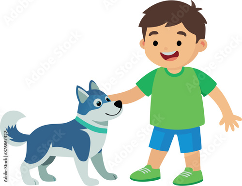 Happy boy standing with a friendly dog, both smiling on a white background.