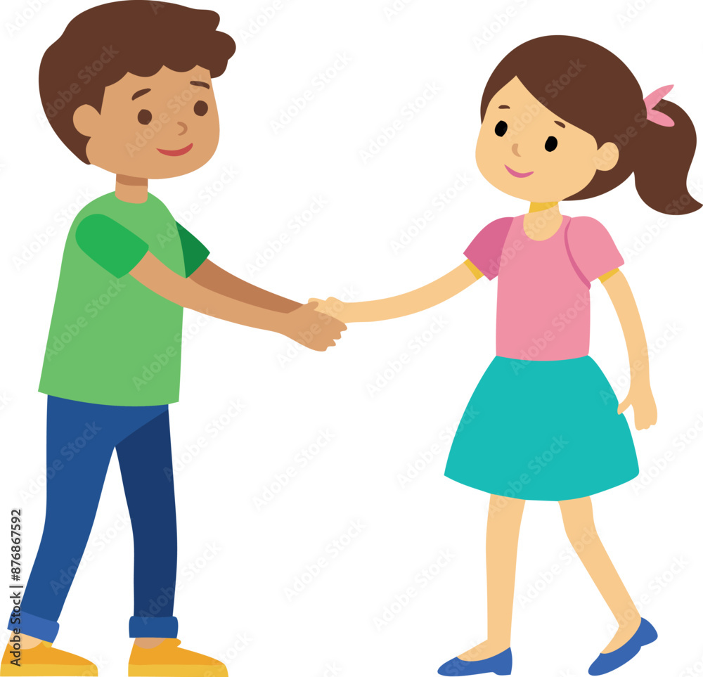 Boy and girl shaking hands in friendly greeting isolated on white background Boy and girl shaking hands in friendly greeting isolated on white background