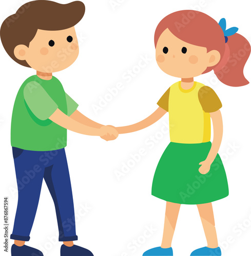 Boy and girl shaking hands in friendly agreement isolated on white background