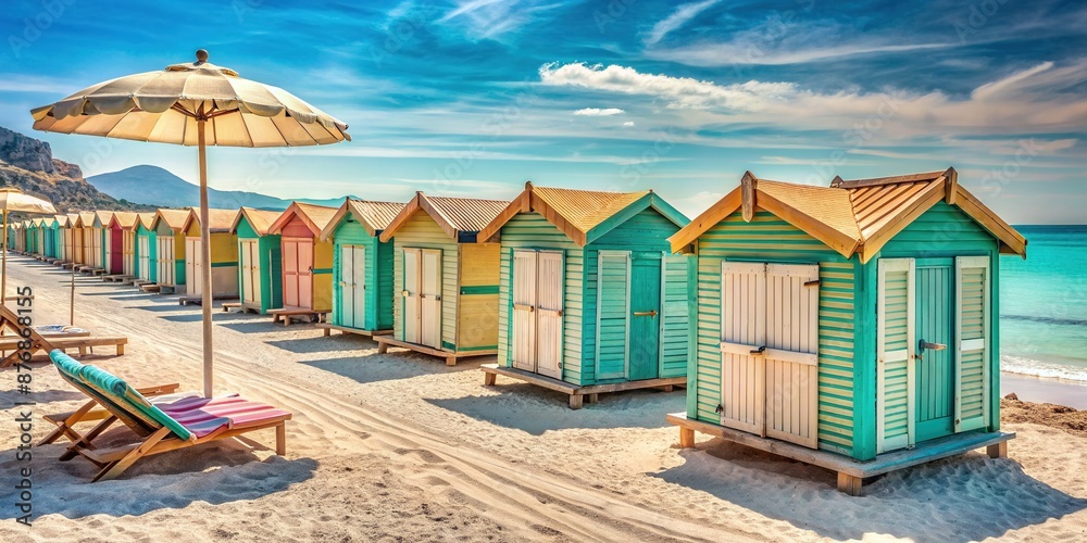 Obraz premium Softly weathered wooden beach huts, faded pastel umbrellas, and vintage nautical ropes adorn a serene, sun-kissed European beach with calm turquoise waters.