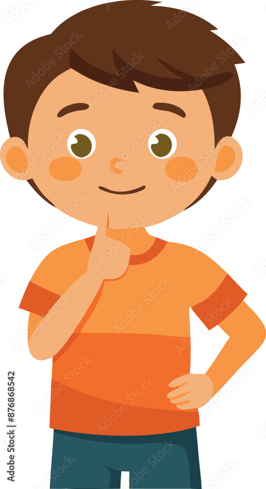 Cartoon illustration of a boy thinking with a finger on his chin. Cartoon illustration of a boy thinking with a finger on his chin.