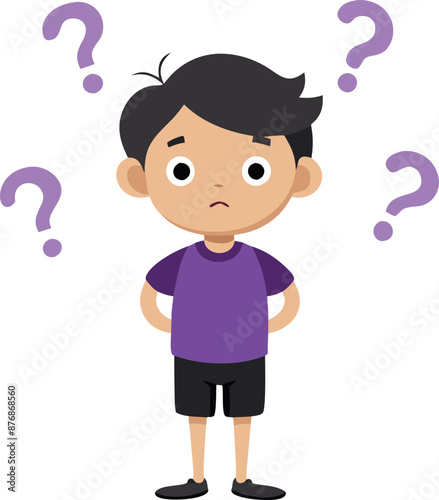 Cartoon illustration of a boy surrounded by question marks, looking confused.