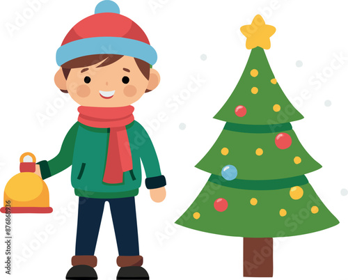 Child in cap & scarf with bell by xmas tree