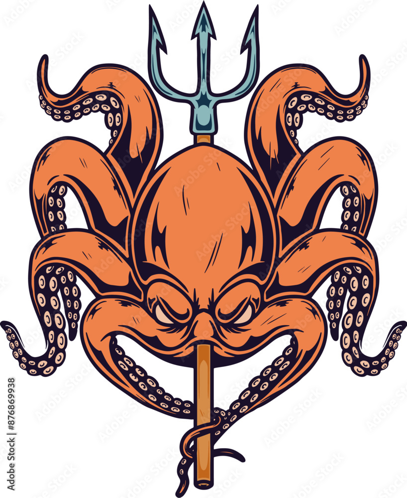 Illustration of octopus with poseidon trident. Design element for poster, card, banner, emblem, sign. Vector illustration Illustration of octopus with poseidon trident. Design element for poster, card, banner, emblem, sign. Vector illustration