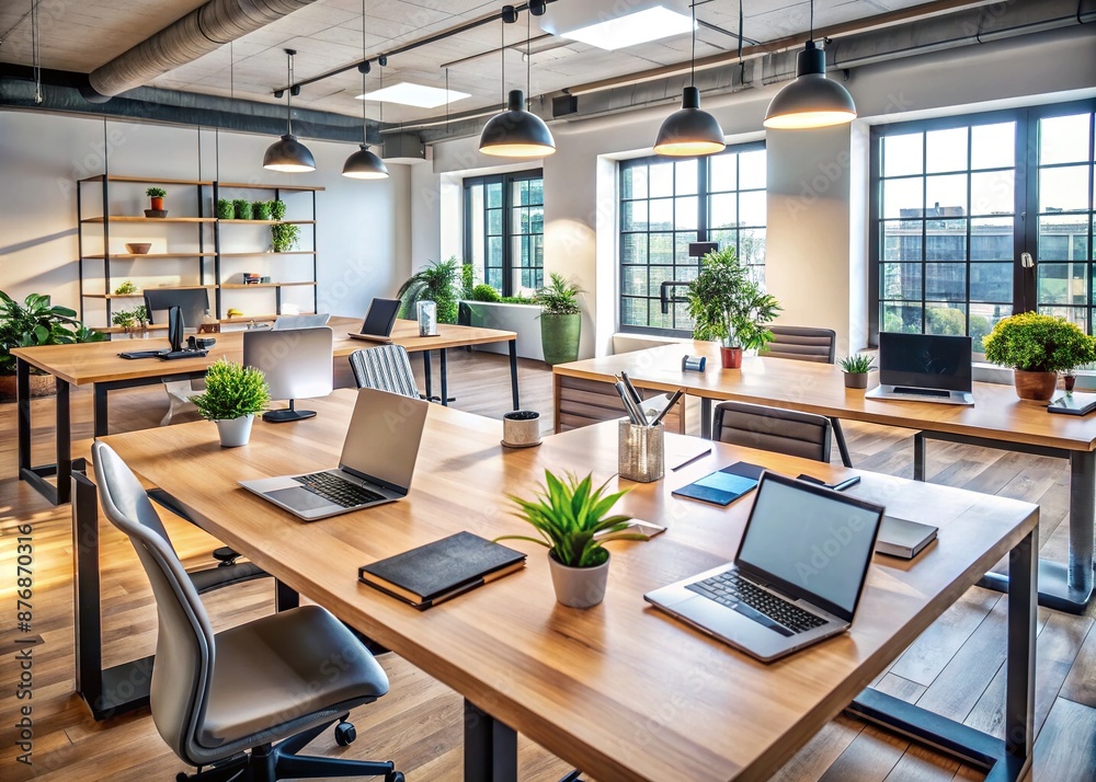 Modern office space with two empty desks, laptops, and notepads, surrounded by professional equipment and tools, conveying a sense of collaborative learning environment. Modern office space with two empty desks, laptops, and notepads, surrounded by professional equipment and tools, conveying a sense of collaborative learning environment.