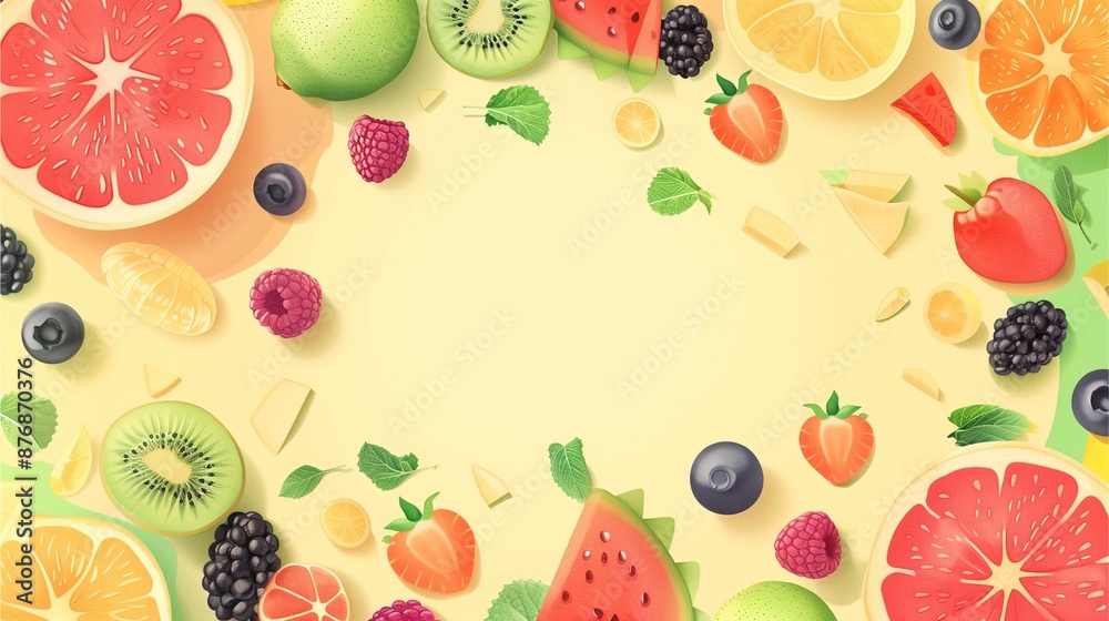 An illustration of seasonal fruits on bright background. An illustration of seasonal fruits on bright background.