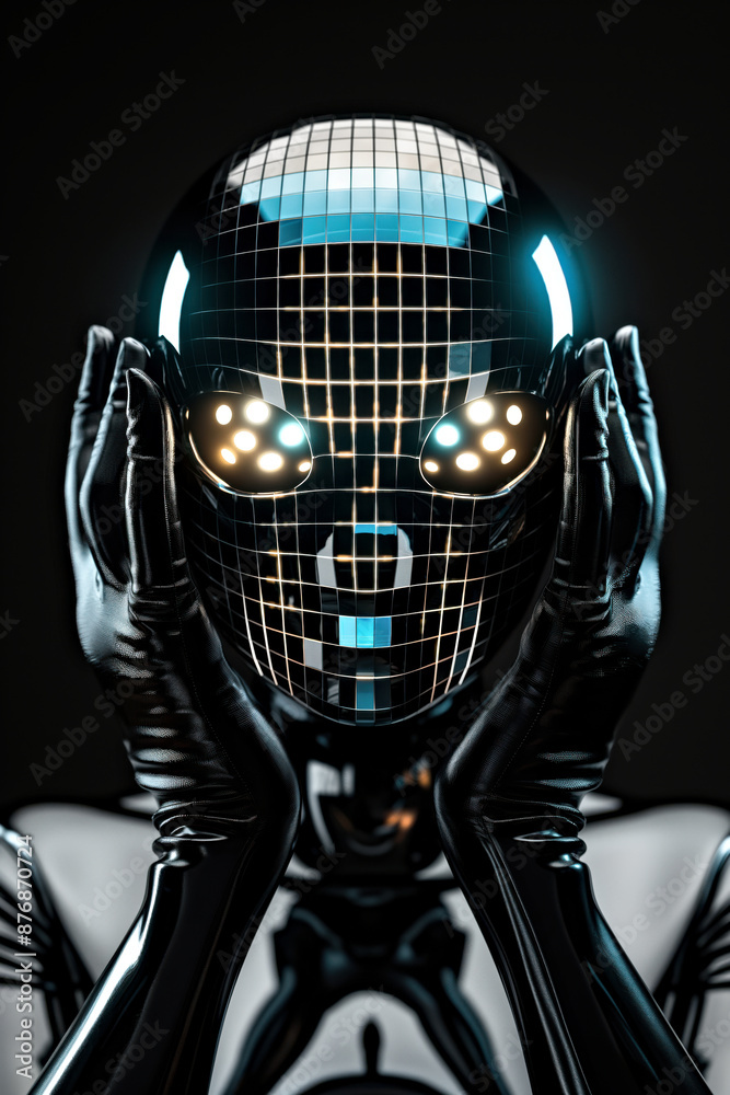 Futuristic Robot with LED Mask and Reflective Surface in Techno Dance Scene Futuristic Robot with LED Mask and Reflective Surface in Techno Dance Scene