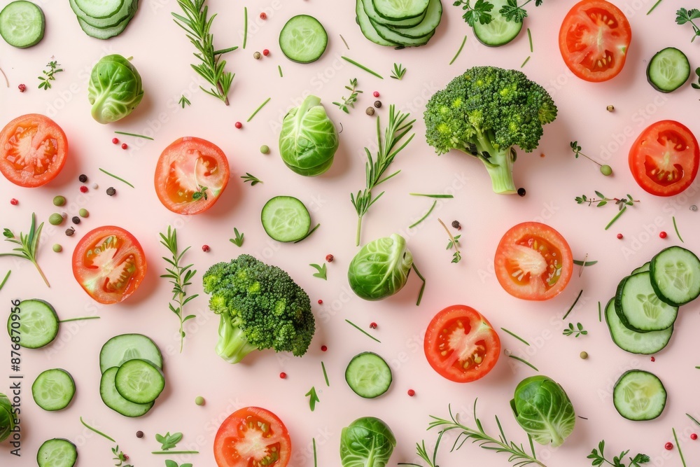 Vegetables food pattern made of broccoli, Brussels sprouts, cucumber, cut tomatoes, herbs, light pastel background. Minimal flat lay design about nutrition, healthy eating, diets, vitamins. Top view