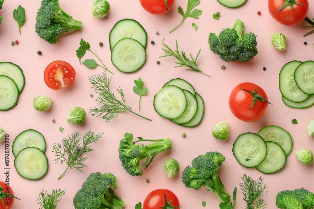 Vegetables food pattern made of broccoli, Brussels sprouts, cucumber, cut tomatoes, herbs, light pastel background. Minimal flat lay design about nutrition, healthy eating, diets, vitamins. Top view Vegetables food pattern made of broccoli, Brussels sprouts, cucumber, cut tomatoes, herbs, light pastel background. Minimal flat lay design about nutrition, healthy eating, diets, vitamins. Top view