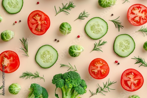 Vegetables food pattern made of broccoli, Brussels sprouts, cucumber, cut tomatoes, herbs, light pastel background. Minimal flat lay design about nutrition, healthy eating, diets, vitamins. Top view