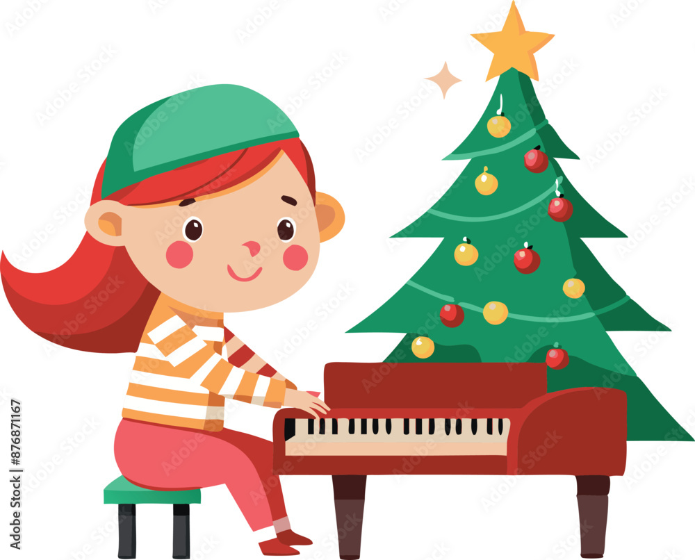 Naklejka premium Female pianist by xmas tree
