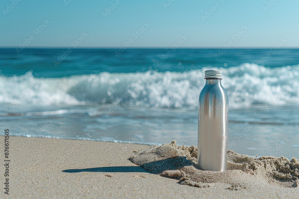 Eco-Friendly Metal Water Bottle Mockup, Mock Up on Sandy Beach with Ocean Waves - Stock Photo for Travel and Sustainability Design Eco-Friendly Metal Water Bottle Mockup, Mock Up on Sandy Beach with Ocean Waves - Stock Photo for Travel and Sustainability Design