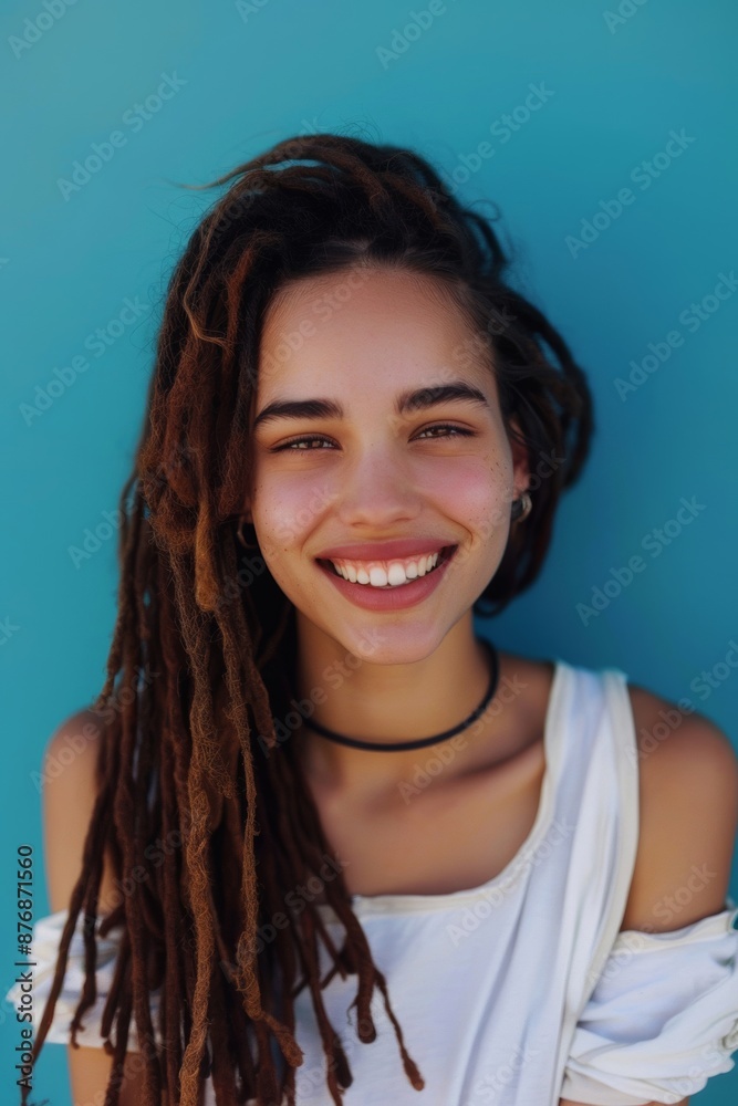 A cheerful young woman with stylish dreadlocks radiates happiness and confidence in her unique hairstyle and personality. A cheerful young woman with stylish dreadlocks radiates happiness and confidence in her unique hairstyle and personality.