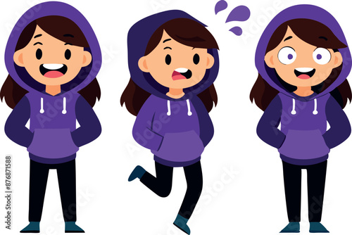 Cartoon girl purple hoodie 3 expressions