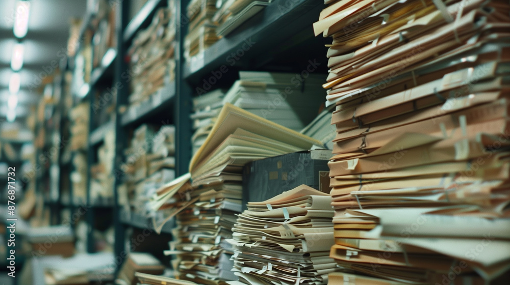 Obraz premium Stacks of Paperwork in a Dimly Lit Archive Room