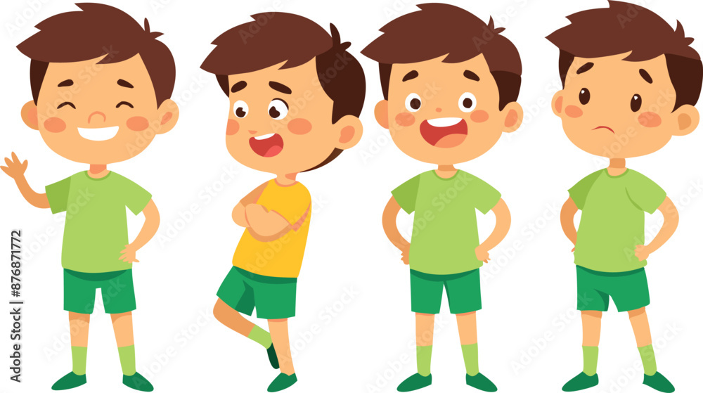 Set of cartoon boys in green shirts and shorts with different emotions Set of cartoon boys in green shirts and shorts with different emotions