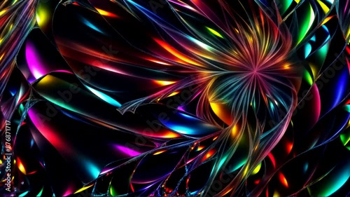 Looped animation of vibrant color sparkling, multi-colored crystal or gemstone on dark background, soft, glowing light, colorful kaleidoscope of patterns and shapes that continuously change and rotate
