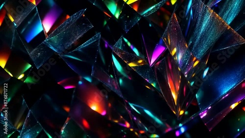 Looped animation of vibrant color sparkling, multi-colored crystal or gemstone on dark background, soft, glowing light, colorful kaleidoscope of patterns and shapes that continuously change and rotate