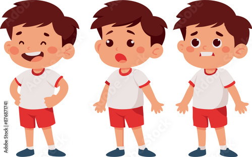 Set of cartoon boys in white shirts and red shorts with different emotions