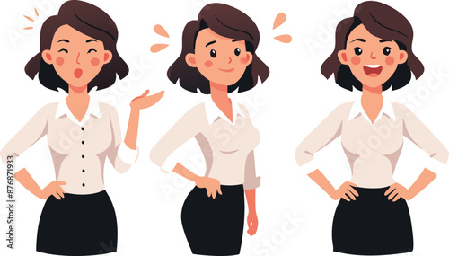 Cartoon woman in business attire with different expressions and poses