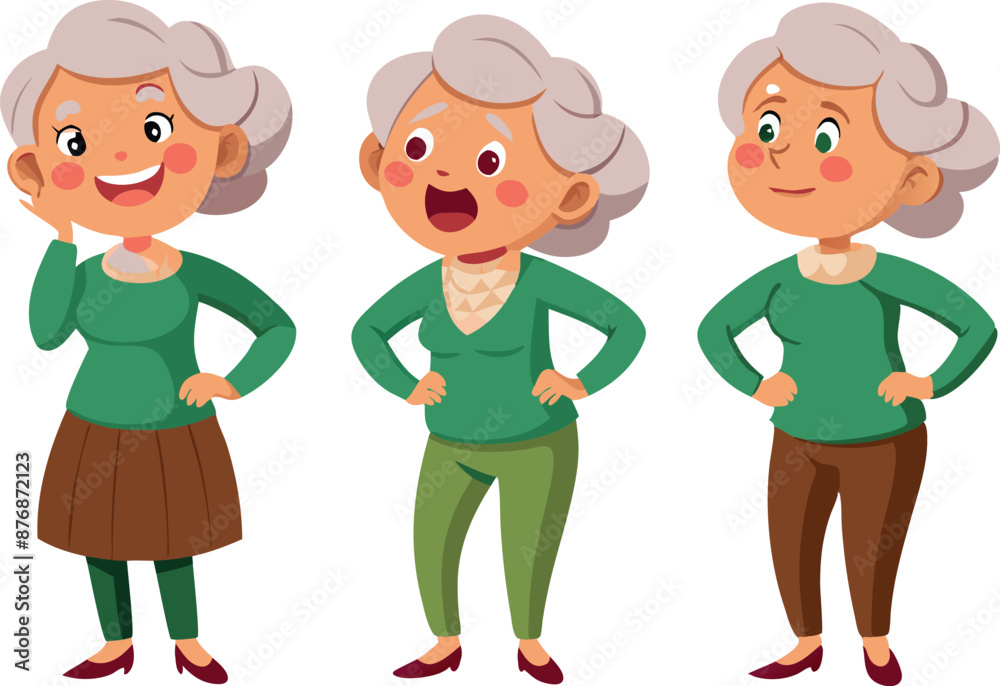 Cartoon illustration of three elderly women with different facial expressions and poses. Cartoon illustration of three elderly women with different facial expressions and poses.