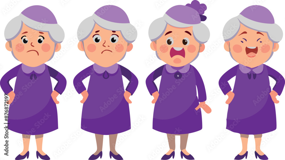 Cartoon illustration of four elderly women with different emotional expressions and poses. Cartoon illustration of four elderly women with different emotional expressions and poses.