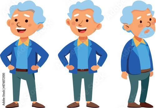 Cartoon illustration of three elderly men with different facial expressions and poses.