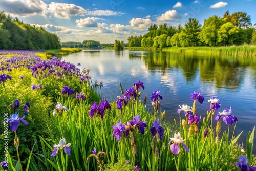 A riverside meadow where wild irises grow abundantly along the water s edge , wild, irises, abundantly, riverside, water, edge, grow photo