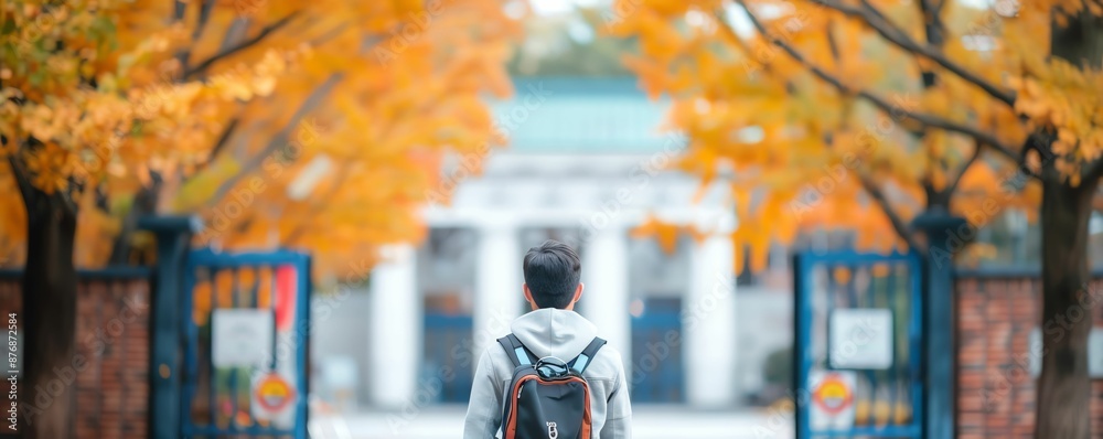 Naklejka premium A person with a backpack walks toward an entrance under autumn leaves.