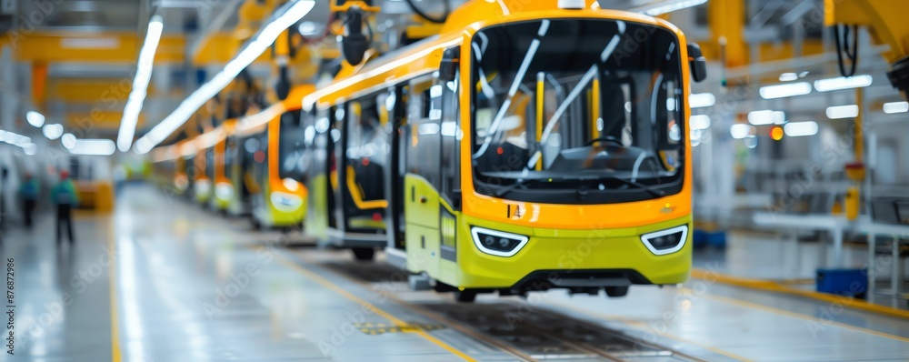 Yellow bus on assembly line in factory. Yellow bus on assembly line in factory.