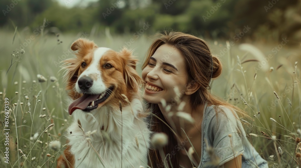 A woman with a big smile playing with her dog in a green meadow during summer A woman with a big smile playing with her dog in a green meadow during summer