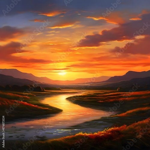 Sunset gracing the horizon over lush, verdant fields, its warm, golden light casting a gentle glow onto a winding river that meanders through expansive plains