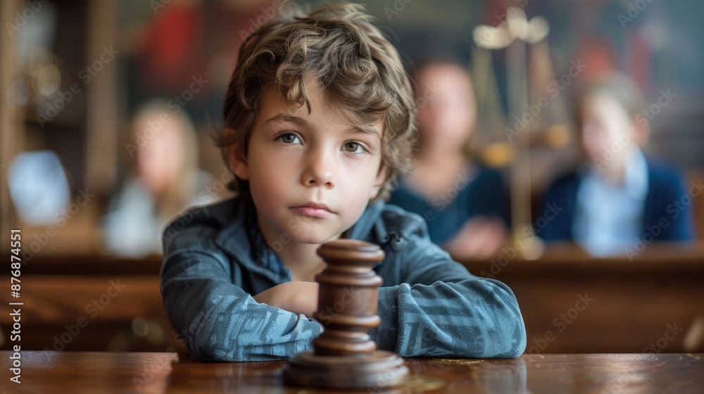 Cute child and mother at table with gavel of judge blurred in background, family law concept Cute child and mother at table with gavel of judge blurred in background, family law concept
